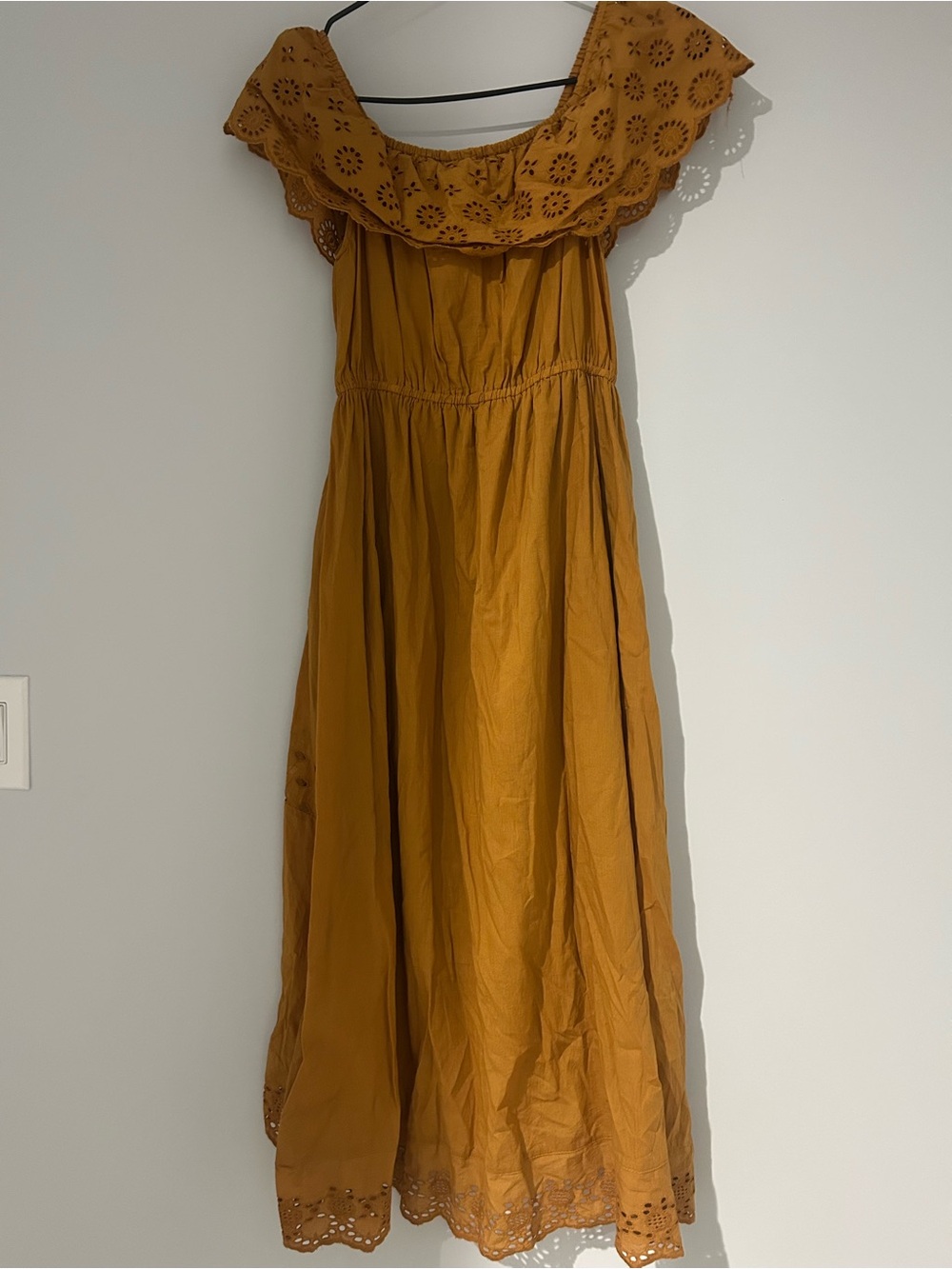 Off-Shoulder Eyelet Maxi Dress in Mustard